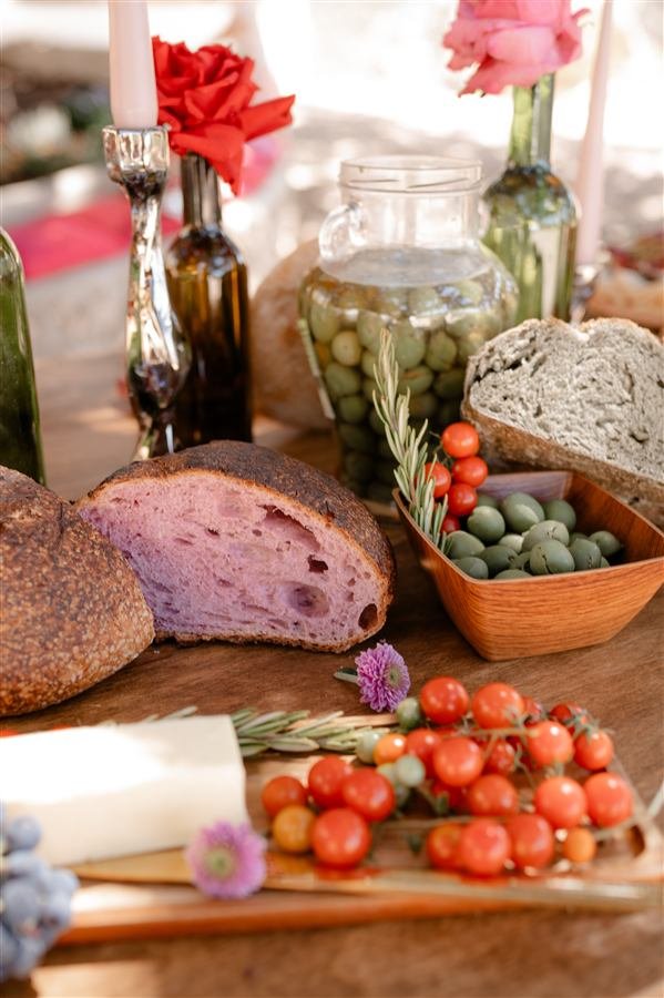 The tasting spread: local cheese, olives and bread